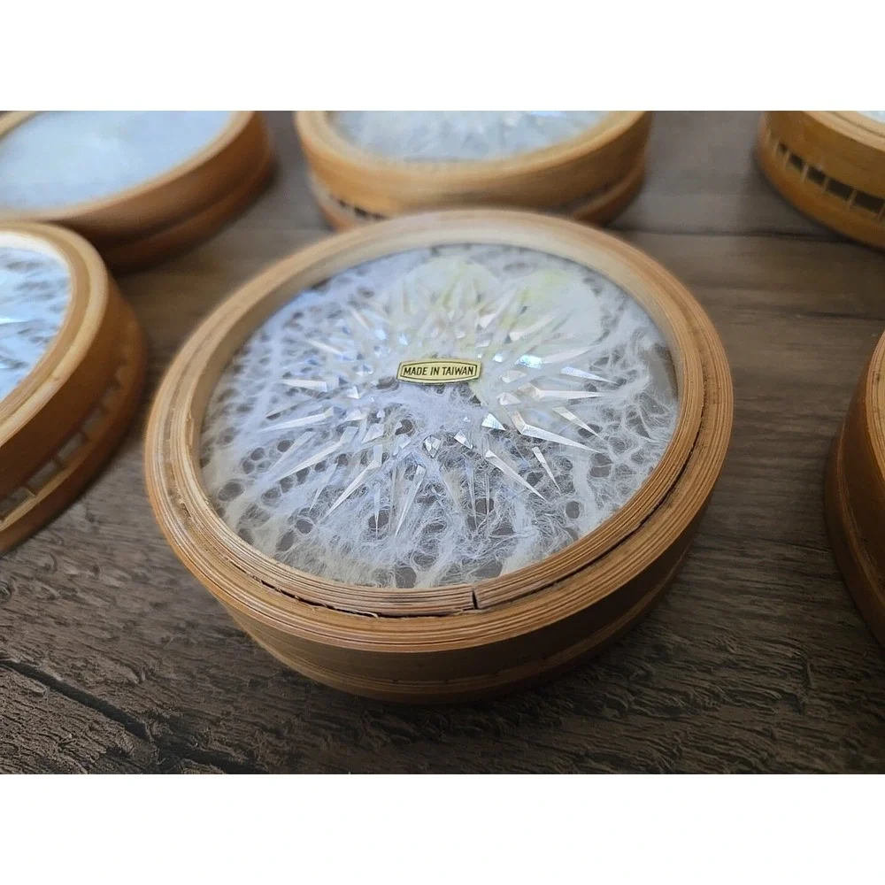 VTG Set Of 6 Bamboo Butterfly Floral Cased Coasters In Caddy Taiwan Matching